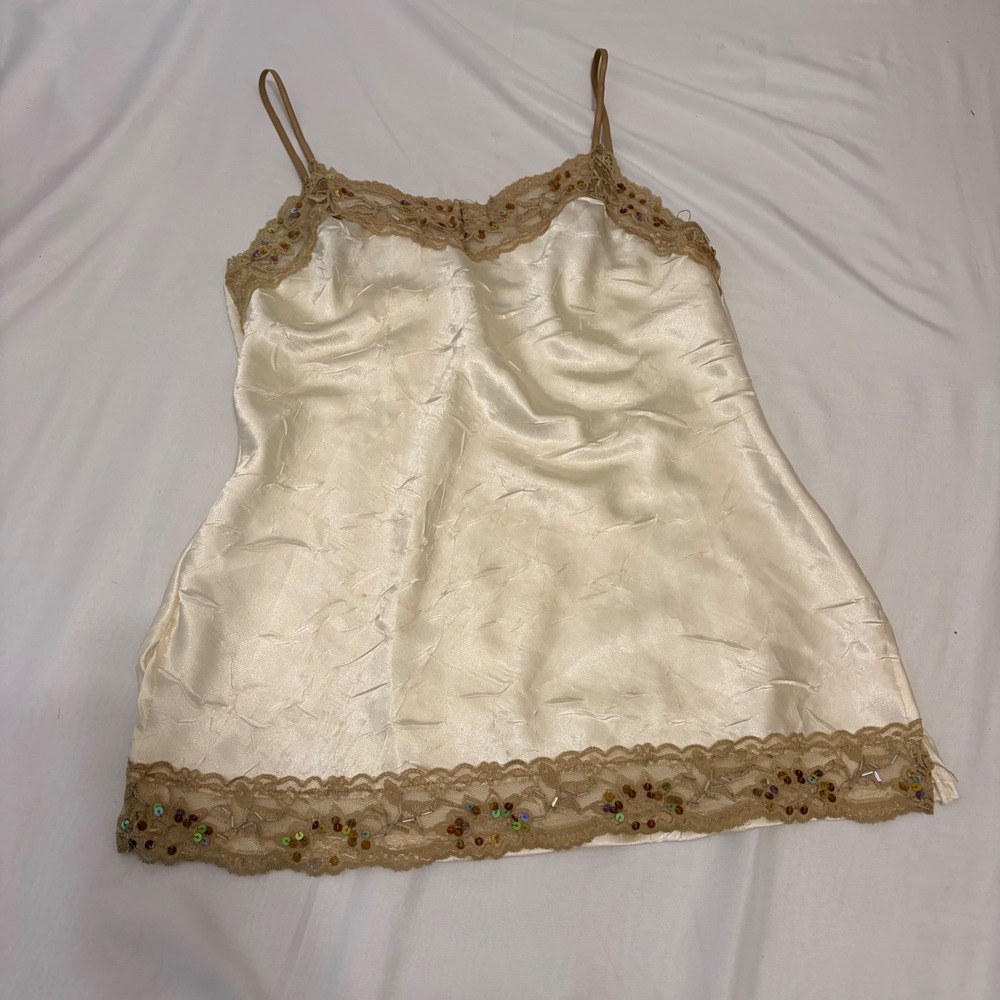 No Boundaries Cream Ivory Satin Crinkle Camisole with gold sequin detailing - Picture 8 of 16